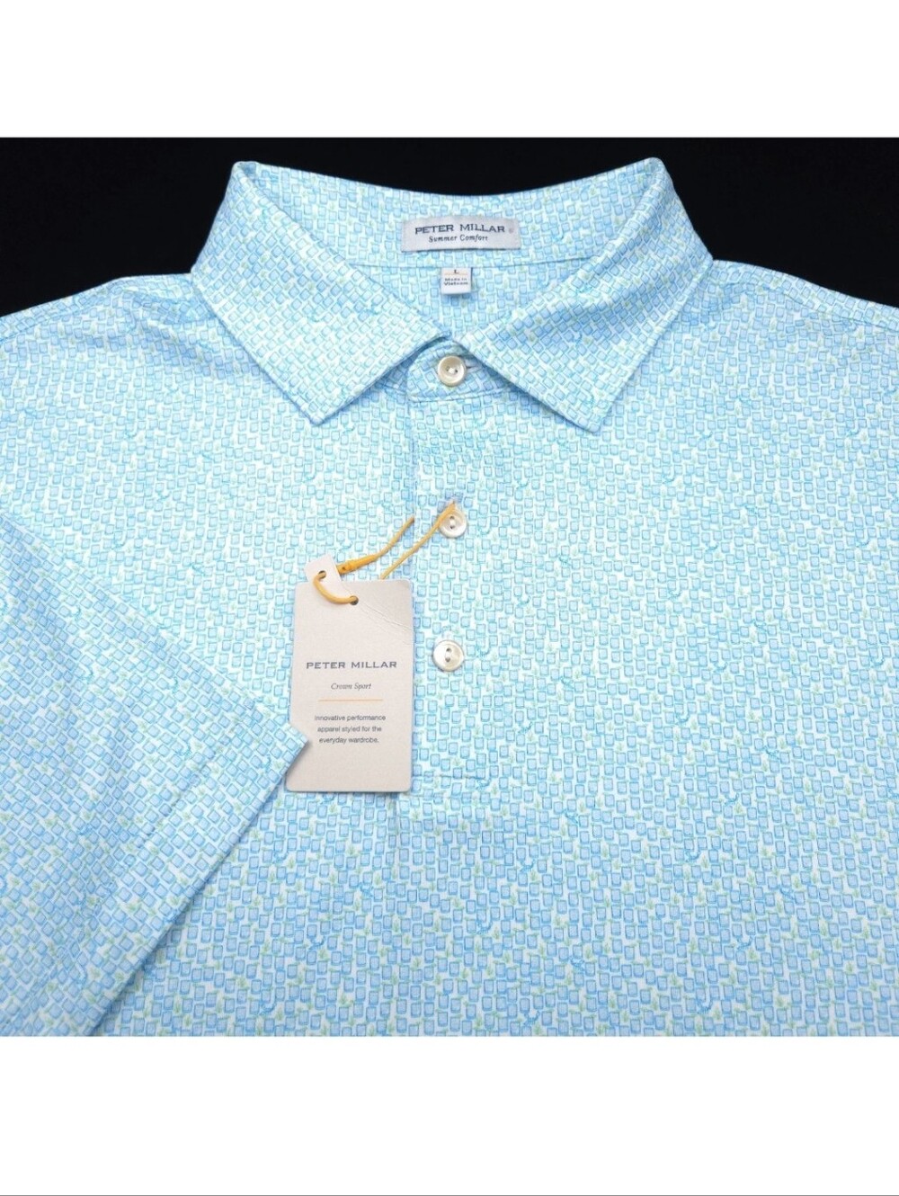 Peter Millar Golf Polo Shirt -L- Aqua Blue White Green Cocktail Summer Comfort